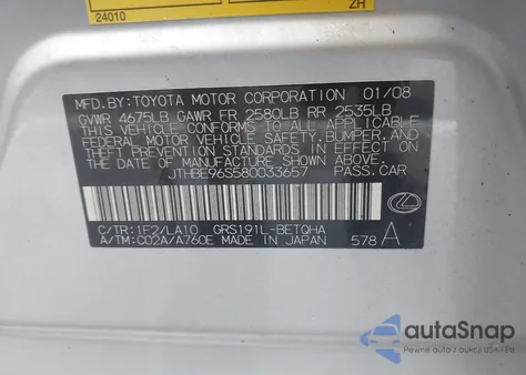 2008 Lexus Gs из США, поврежденный, VIN JTHBE96S580033657